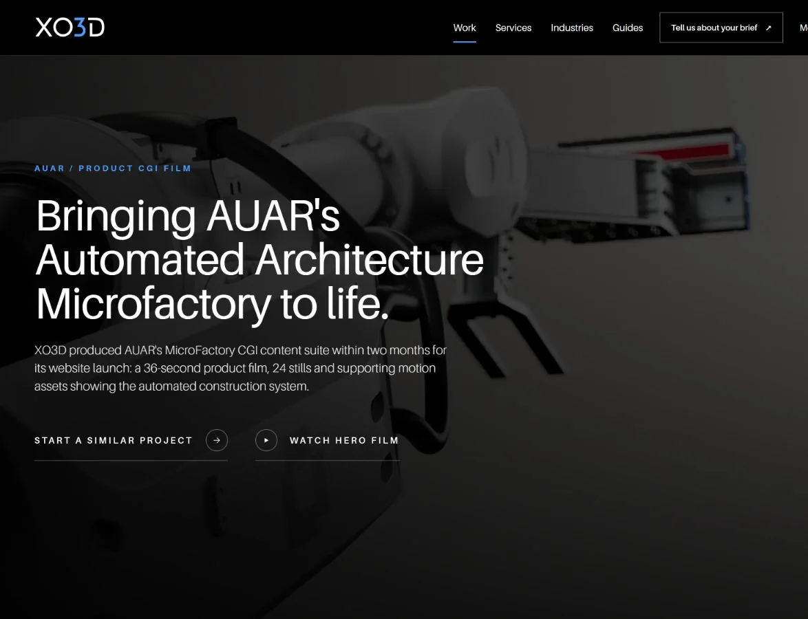 XO3D's AUAR project page: the client and work are named, the scope is summarised and buyers get two next steps.